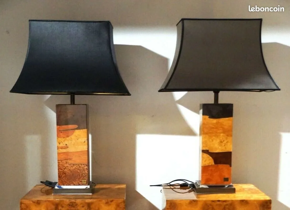 Lot 2 lampes Jean Claude MAHEY h=84 cm placage bois loupe orme ronce marqueterie — photo 1