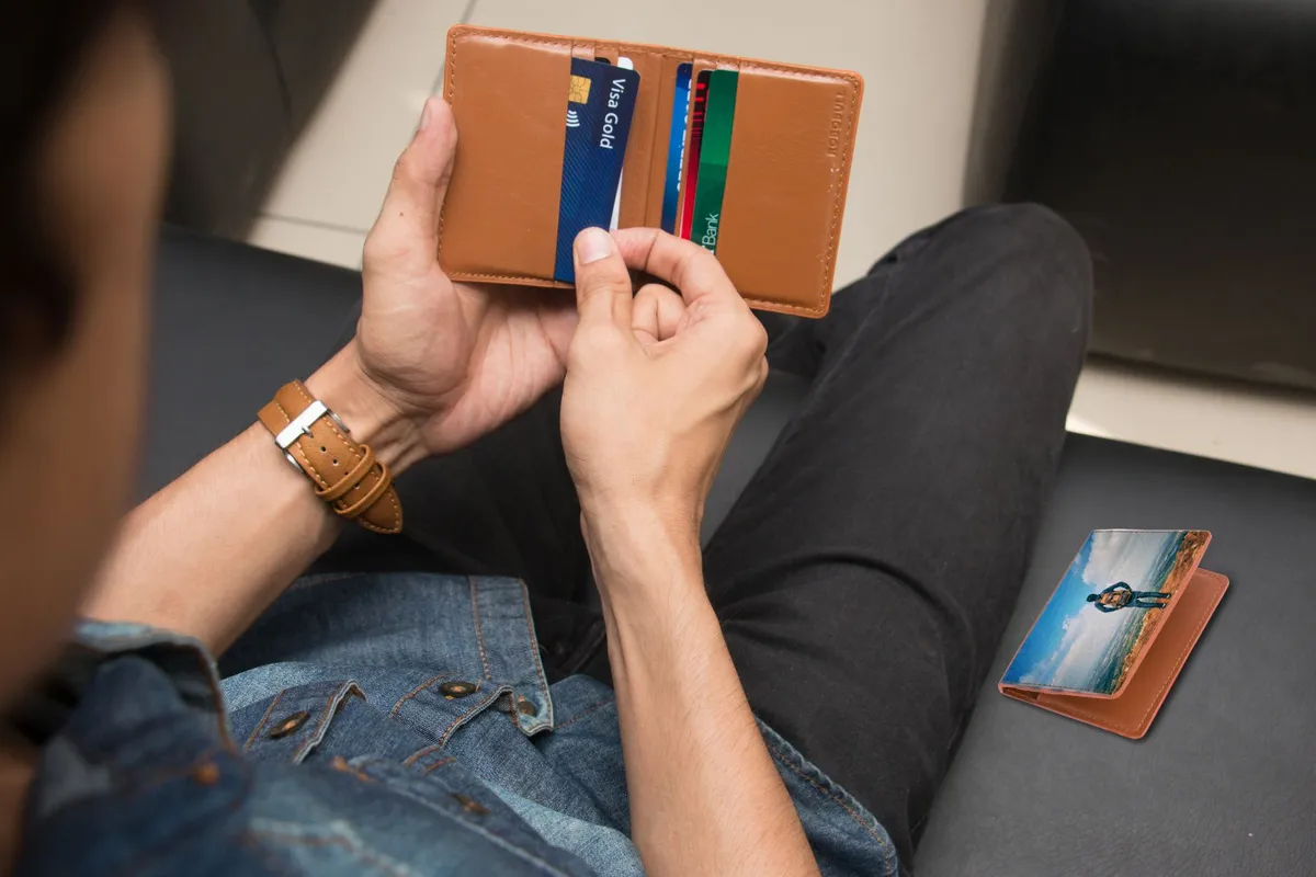 Portefeuille cuir Fossil marron + porte-cartes — photo 1